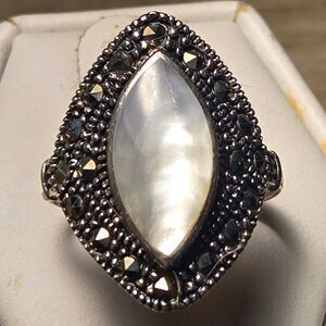 Marcasite and Mother of Pearl Marquise Vintage Sterling Silver Ring Sz 7.5